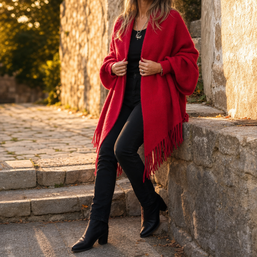 Red fringed shawl wrap worn on stone steps with black jeans