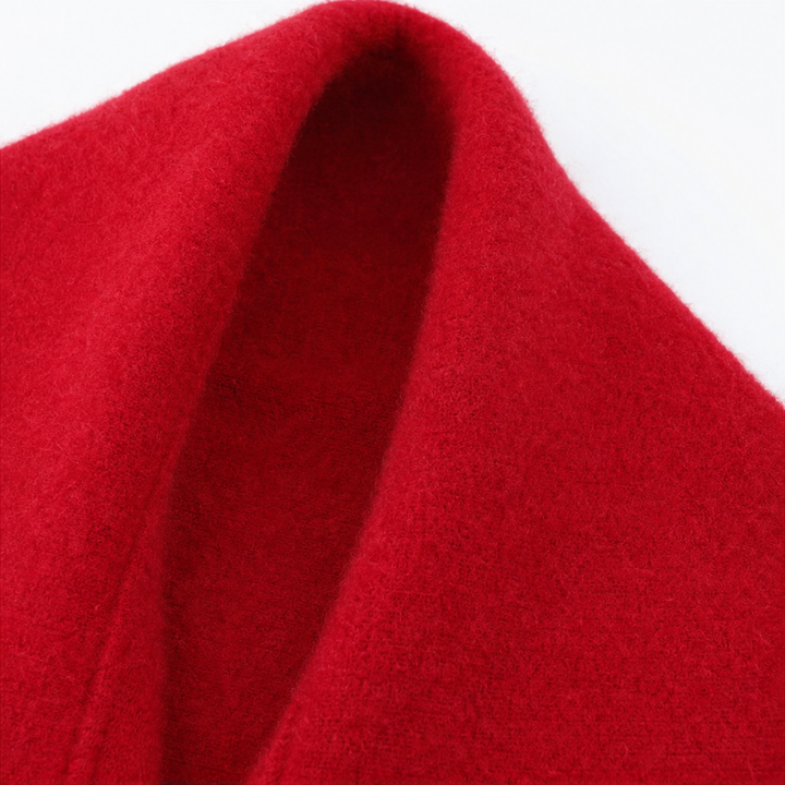 Draped shawl collar on a red brushed wool wrap