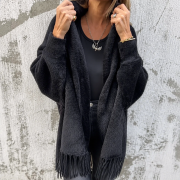 Draped Shawl Collar Fringed Wrap