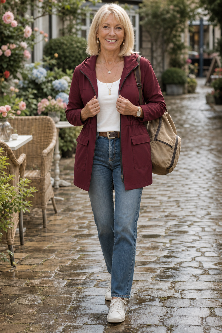 Woman on a wet cobbled street in a burgundy hooded anorak