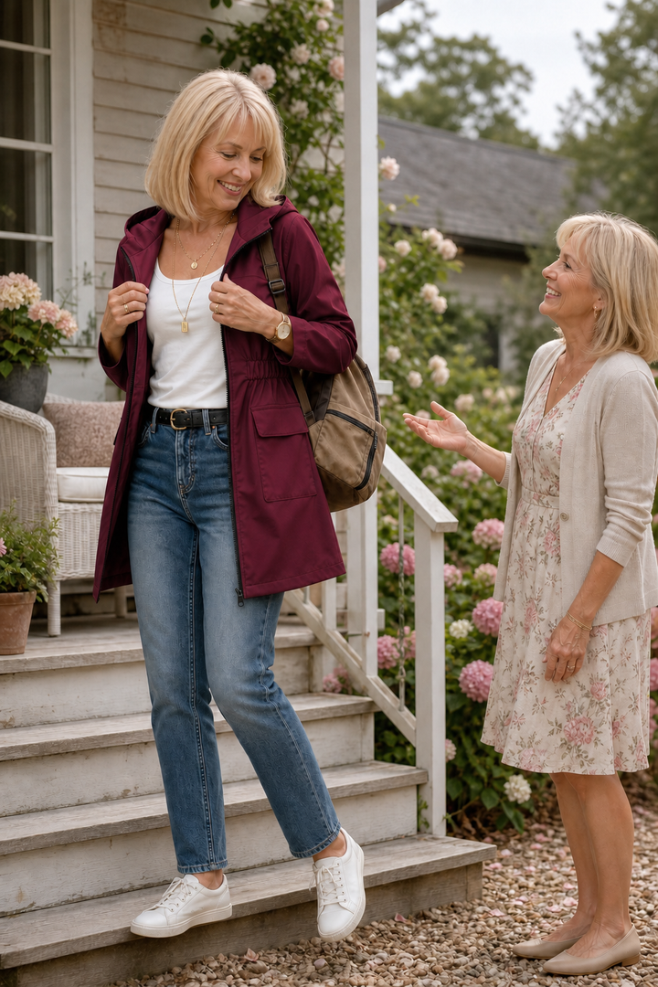Two women on porch steps, one in a burgundy hooded anorak