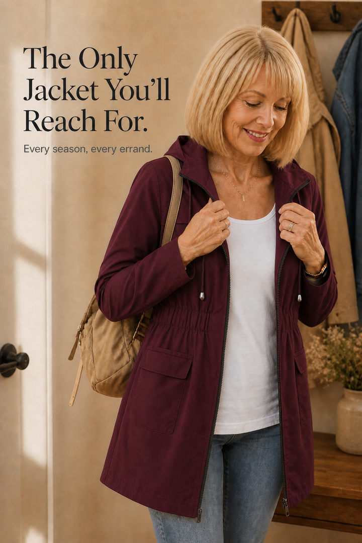 Feature panel of the burgundy anorak worn by a coat rack