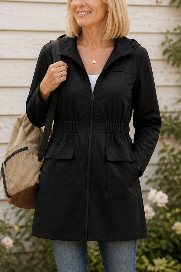 Black hooded anorak jacket with a drawstring waist