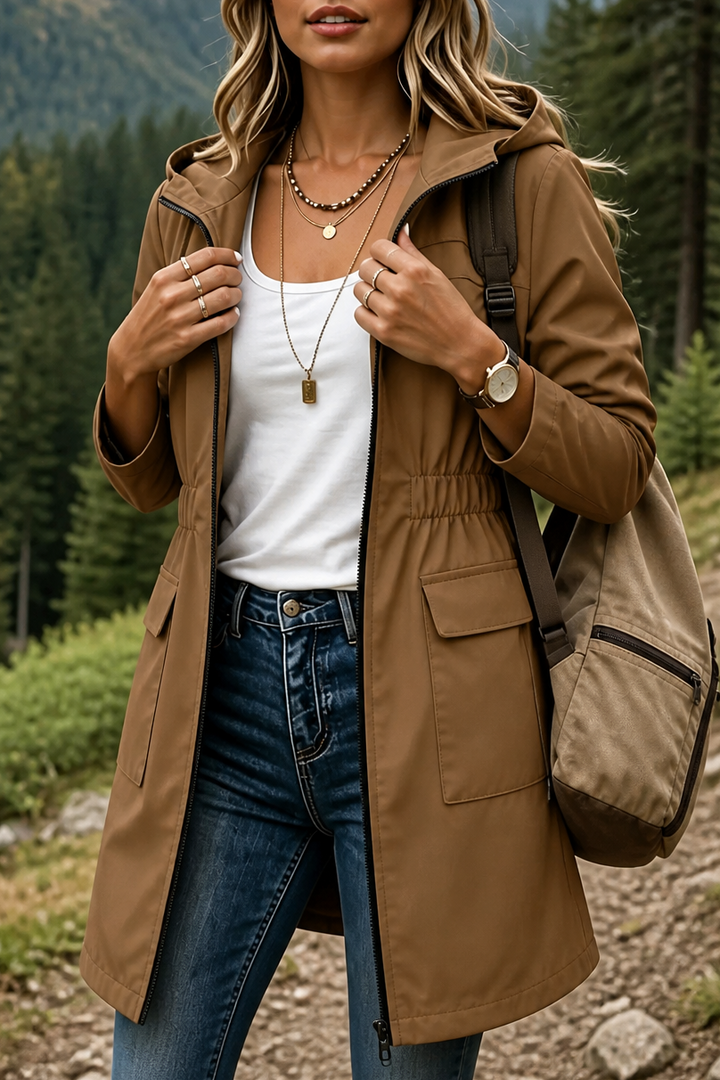 Camel hooded anorak jacket with a drawstring waist and pockets
