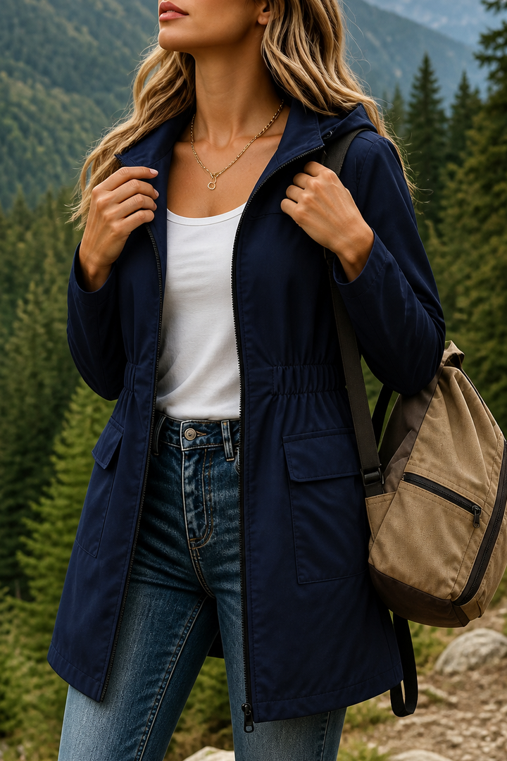 Navy hooded anorak jacket with a drawstring waist and flap pockets