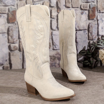Embroidered Suede Western Knee High Boot