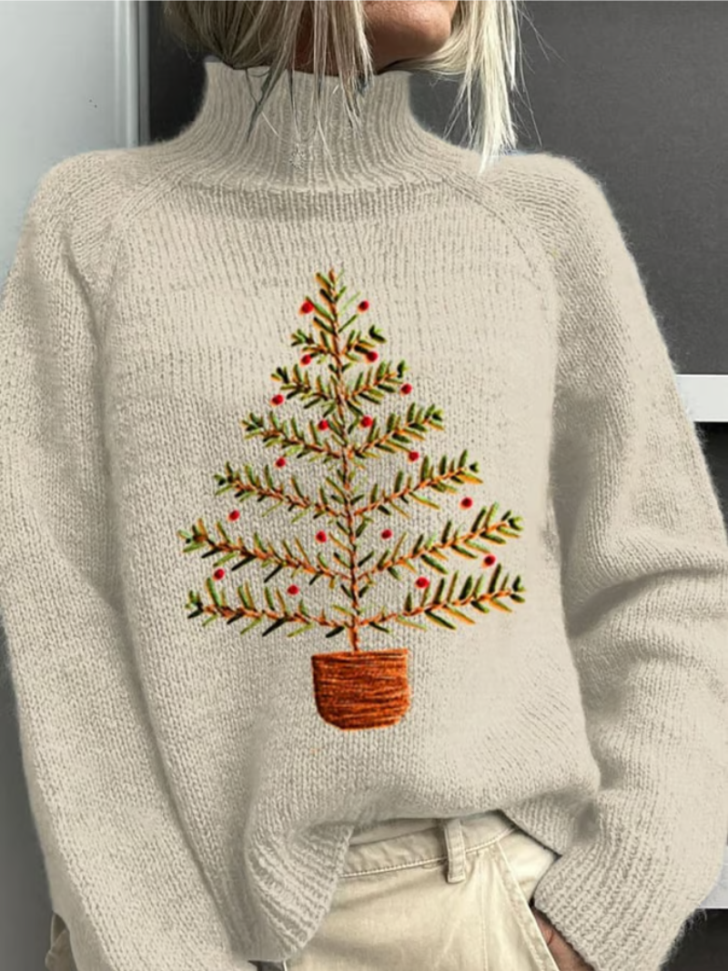Cream turtleneck sweater with an embroidered potted Christmas tree