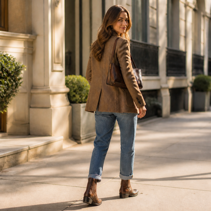 Brown embroidered western boots worn with jeans on a street