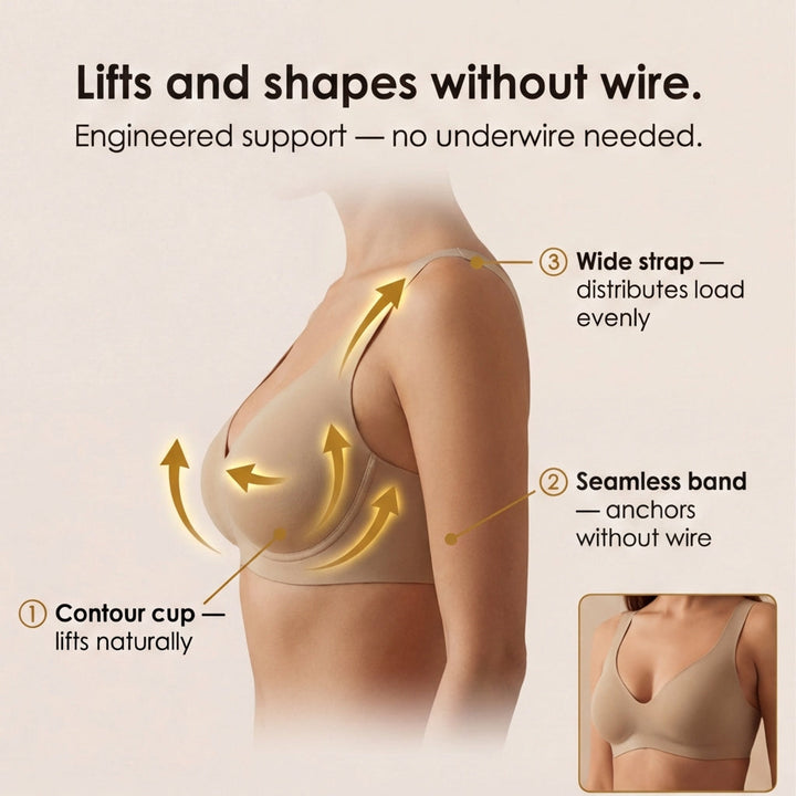 Feature panel diagramming the contour cup, seamless band and wide straps
