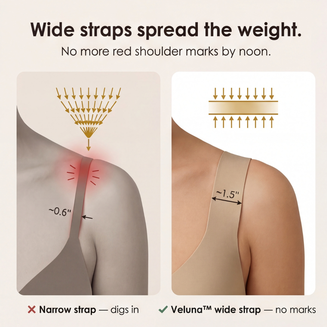 Feature panel comparing a narrow shoulder strap with a wide shoulder strap