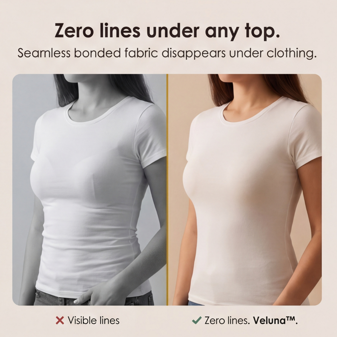 Feature panel comparing visible bra lines with a smooth line under a white tee