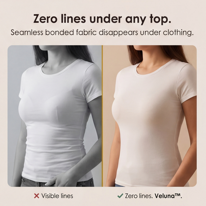 Feature panel comparing visible bra lines with a smooth line under a white tee