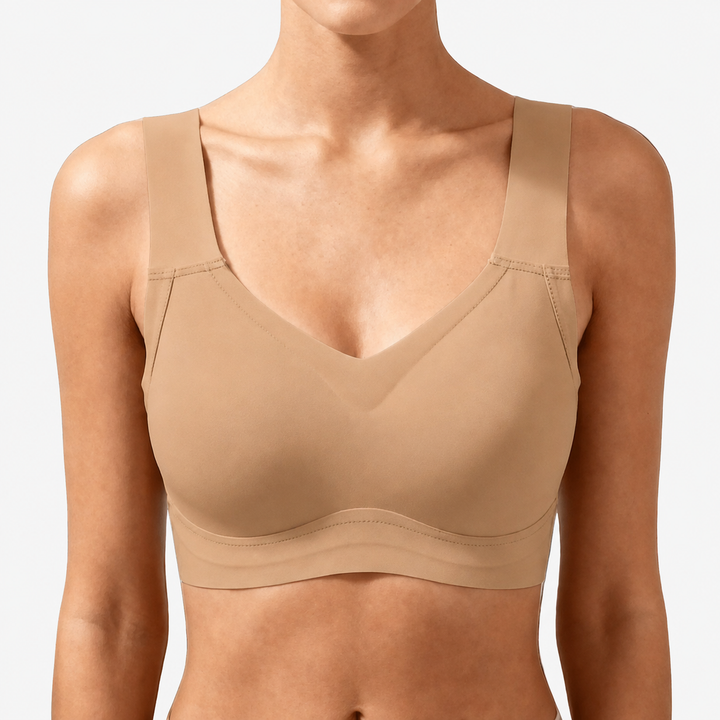 Nude wireless bra with contour cups and wide straps, front view
