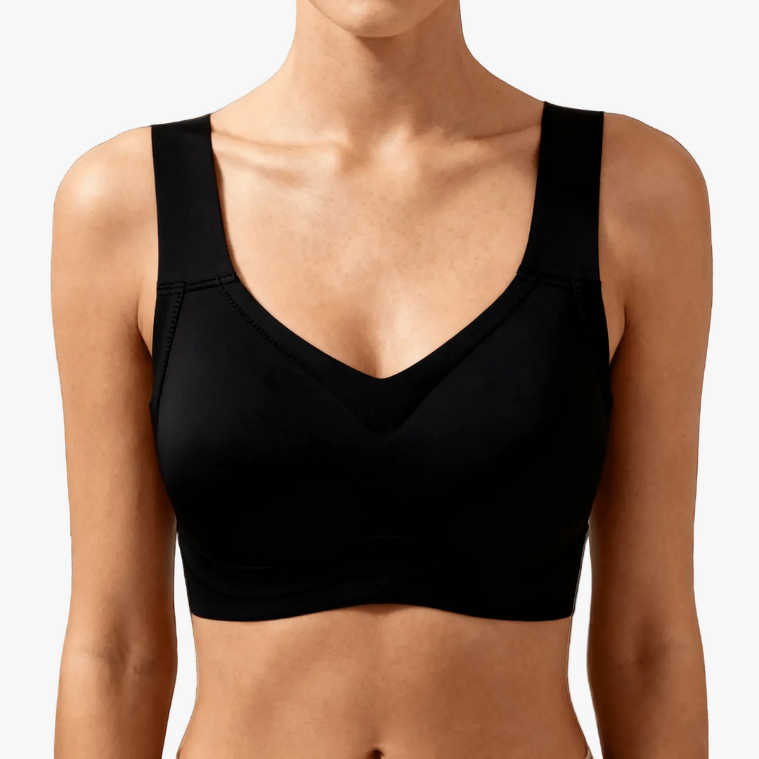 Black contour cup wireless bra worn on a body