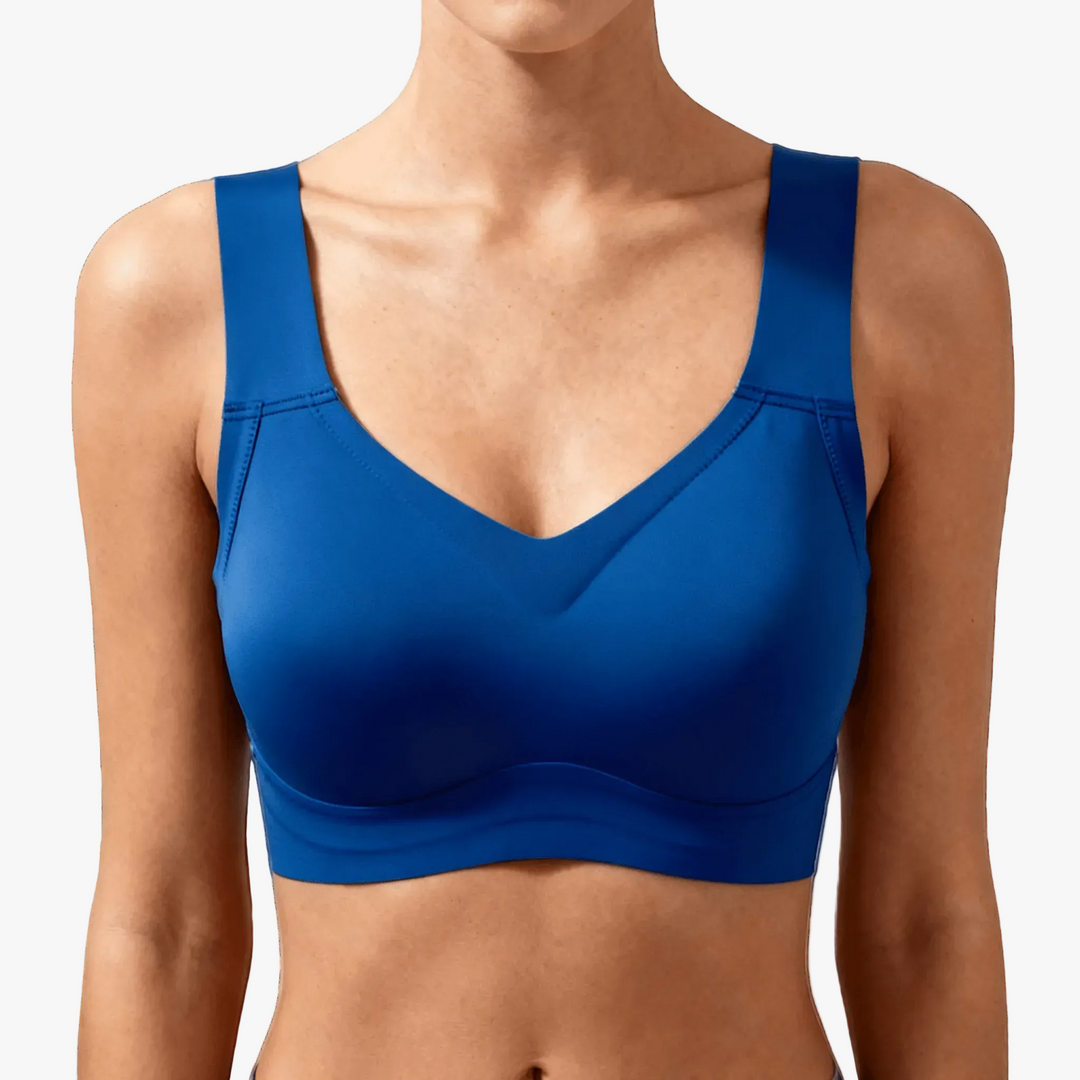 Blue contour cup wireless bra worn on a body