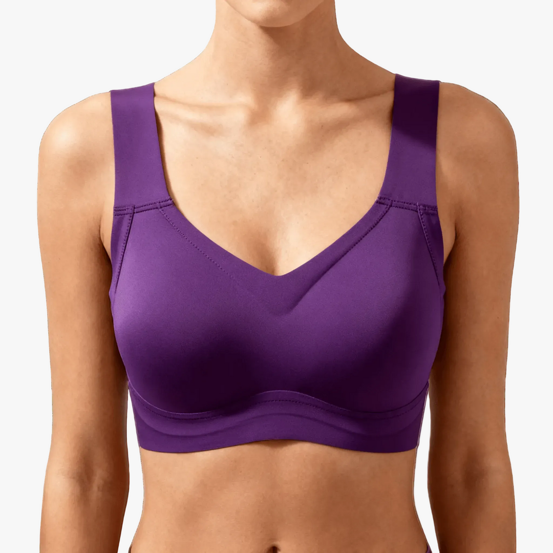 Purple contour cup wireless bra worn on a body