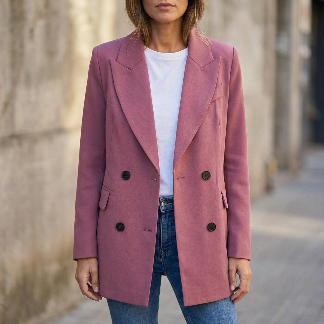 Mauve double breasted blazer worn open over a white tee