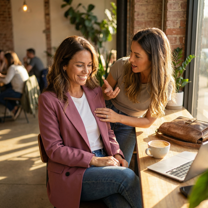 Woman working at a cafe counter in a mauve double breasted blazer