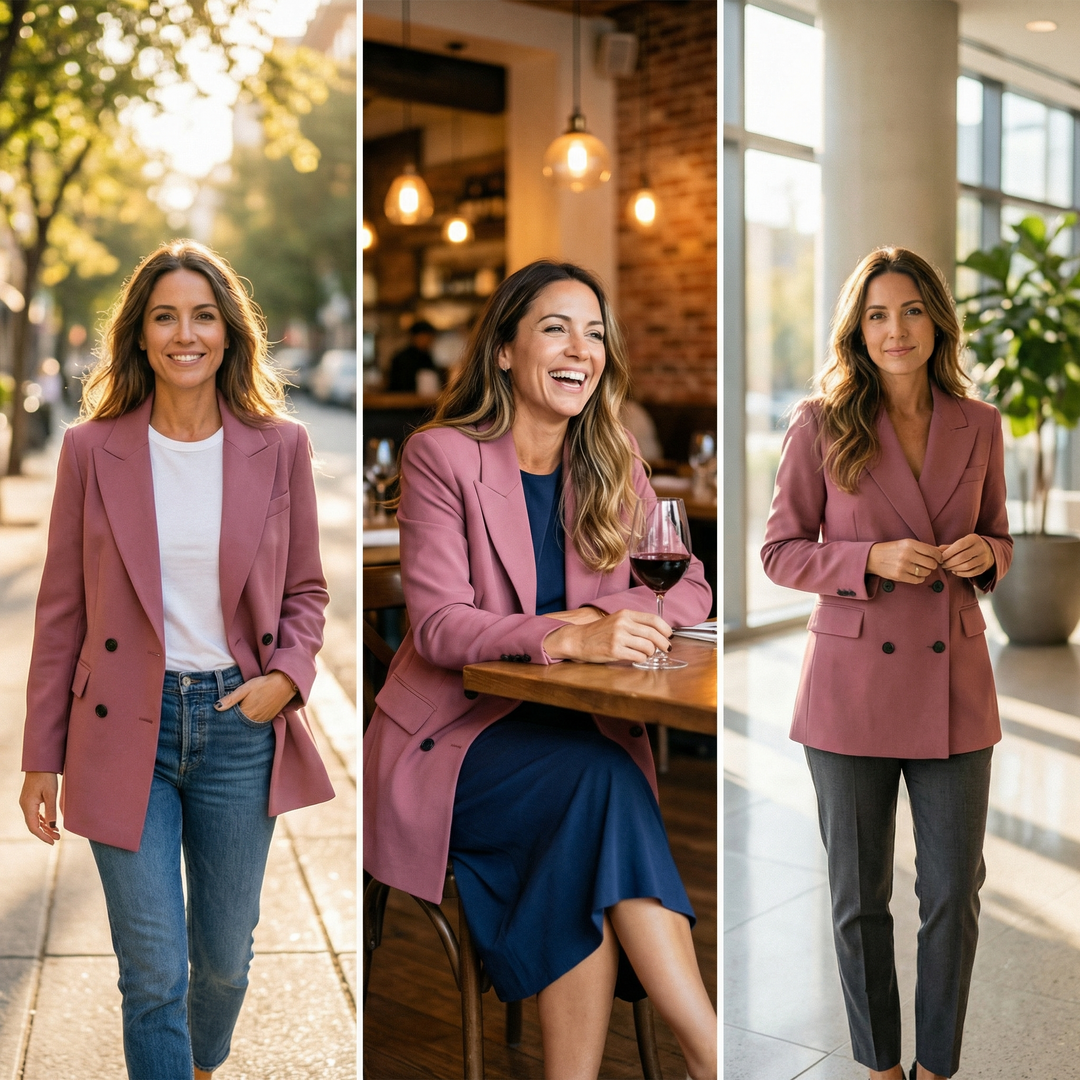 Mauve double breasted blazer styled with jeans, a dress and trousers
