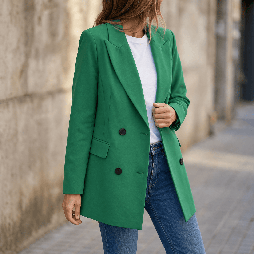 Green double breasted blazer with notch lapels and flap pockets