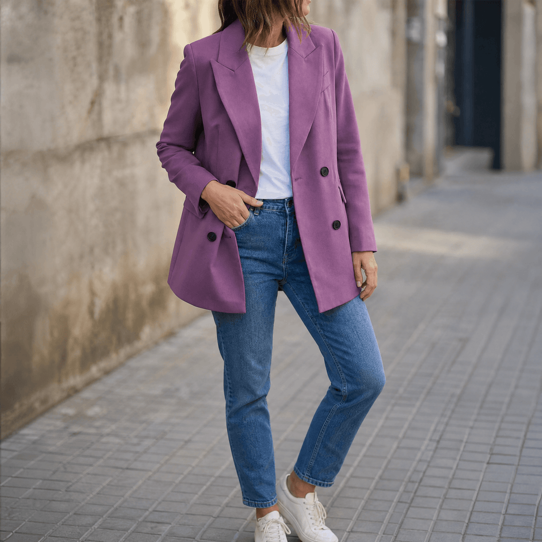 Mauve double breasted blazer with notch lapels and jeans