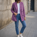 Mauve double breasted blazer with notch lapels and jeans