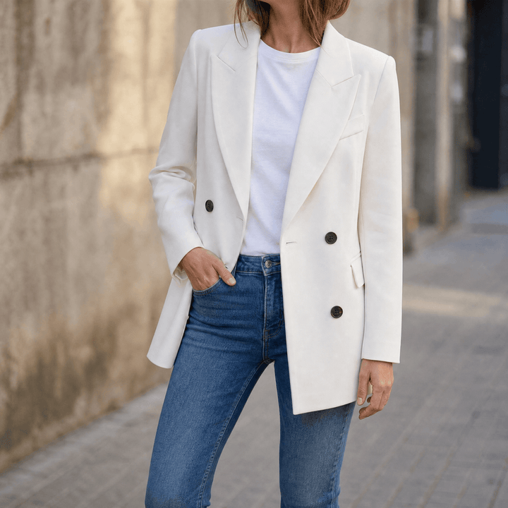 White double breasted blazer with notch lapels and jeans