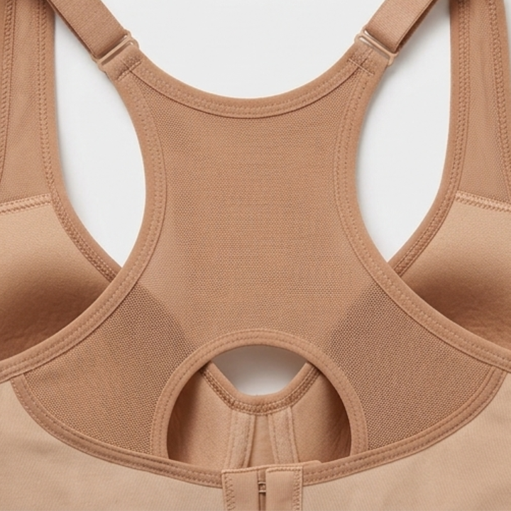 Back keyhole and mesh panel on a nude sports bra