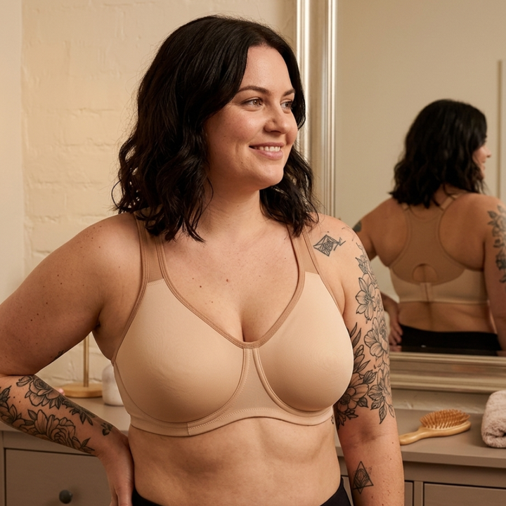 Woman at a bedroom mirror in a nude full-bust sports bra