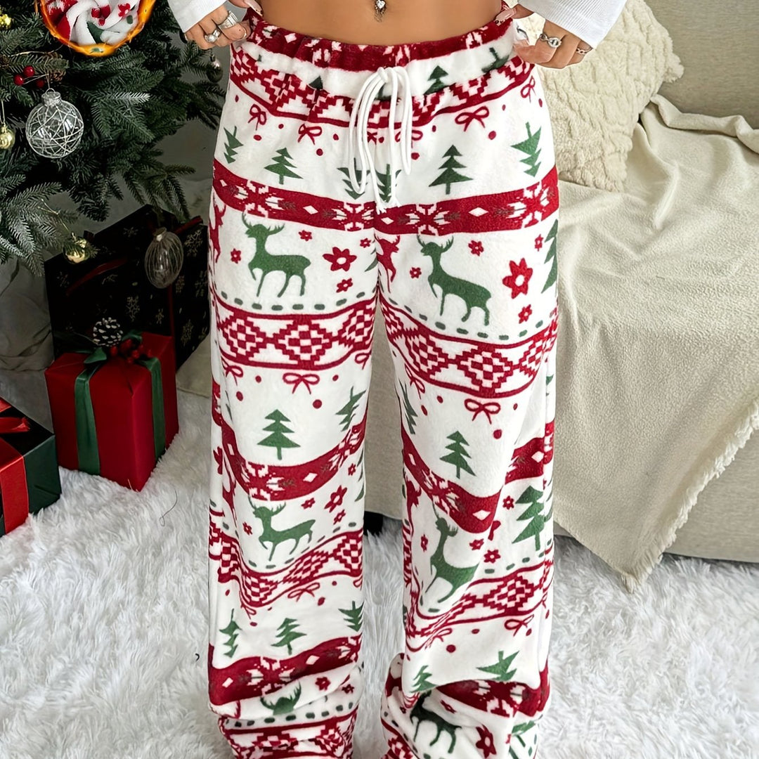 Fair isle print lounge pants in cream with red and green reindeer bands