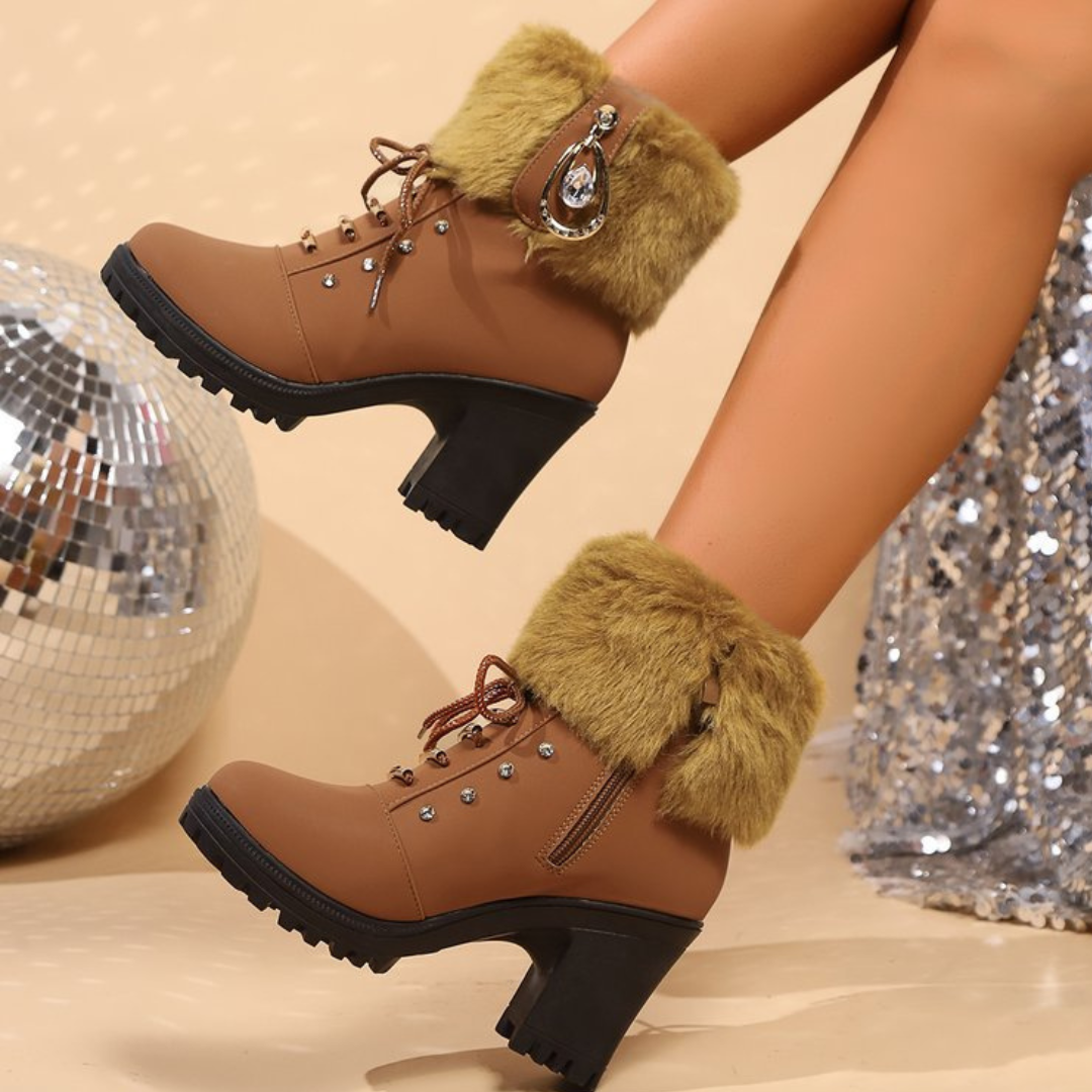 Tan faux fur cuff winter boots worn at a party