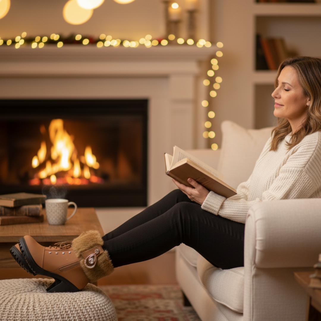 Woman reading by a fireplace in tan faux fur cuff winter boots