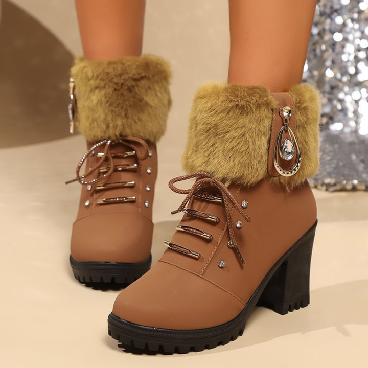 Tan faux fur cuff boots with lace fronts and block heels
