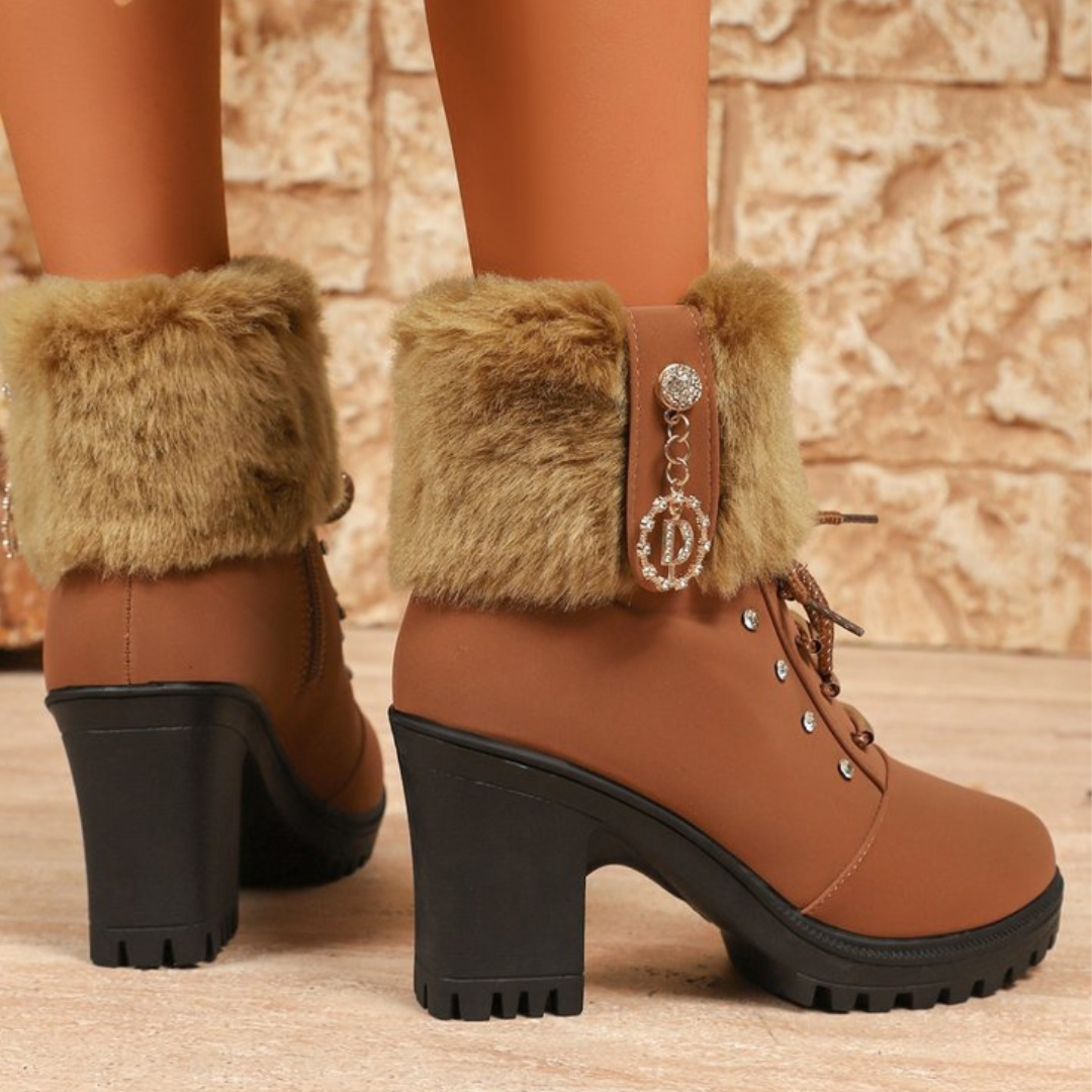 Back view of tan faux fur cuff boots with chunky block heels