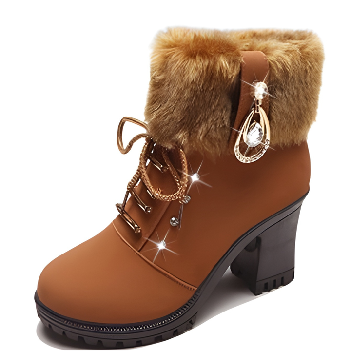 Single tan faux fur cuff boot with a sparkling crystal pendant