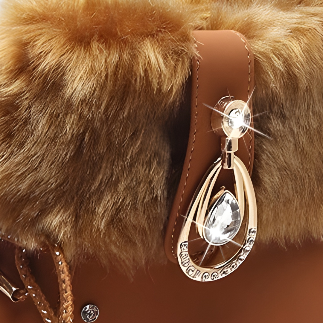 Close up of the faux fur cuff and crystal drop charm