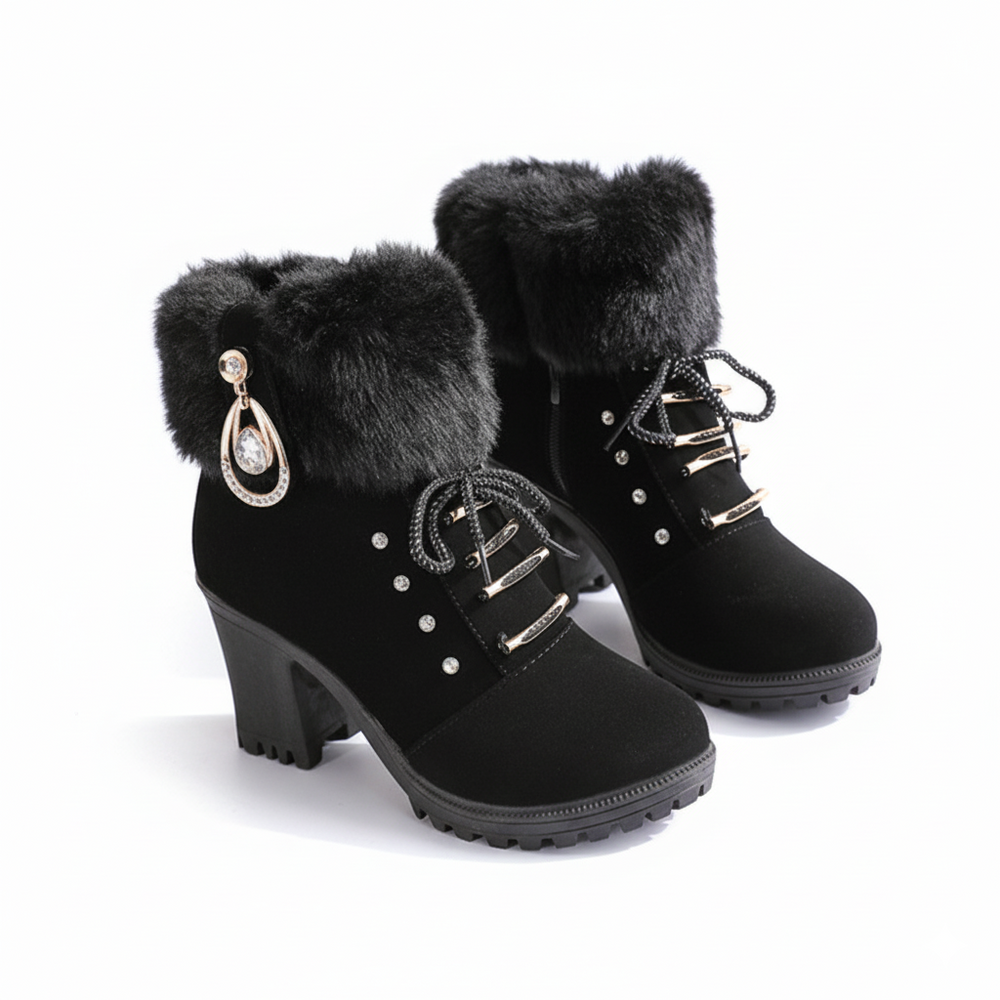 Black winter boots with faux fur cuffs and block heels