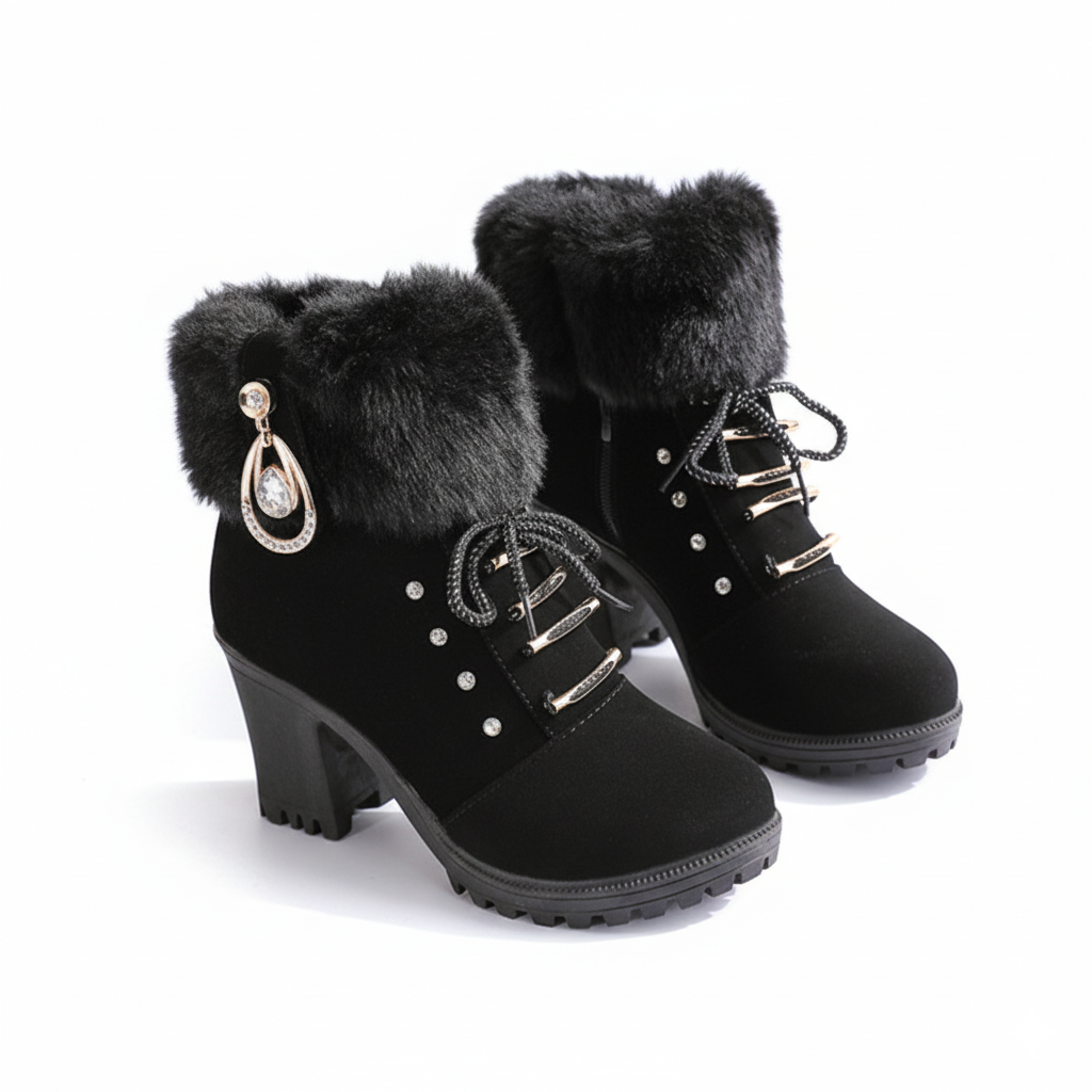 Black winter boots with faux fur cuffs and block heels
