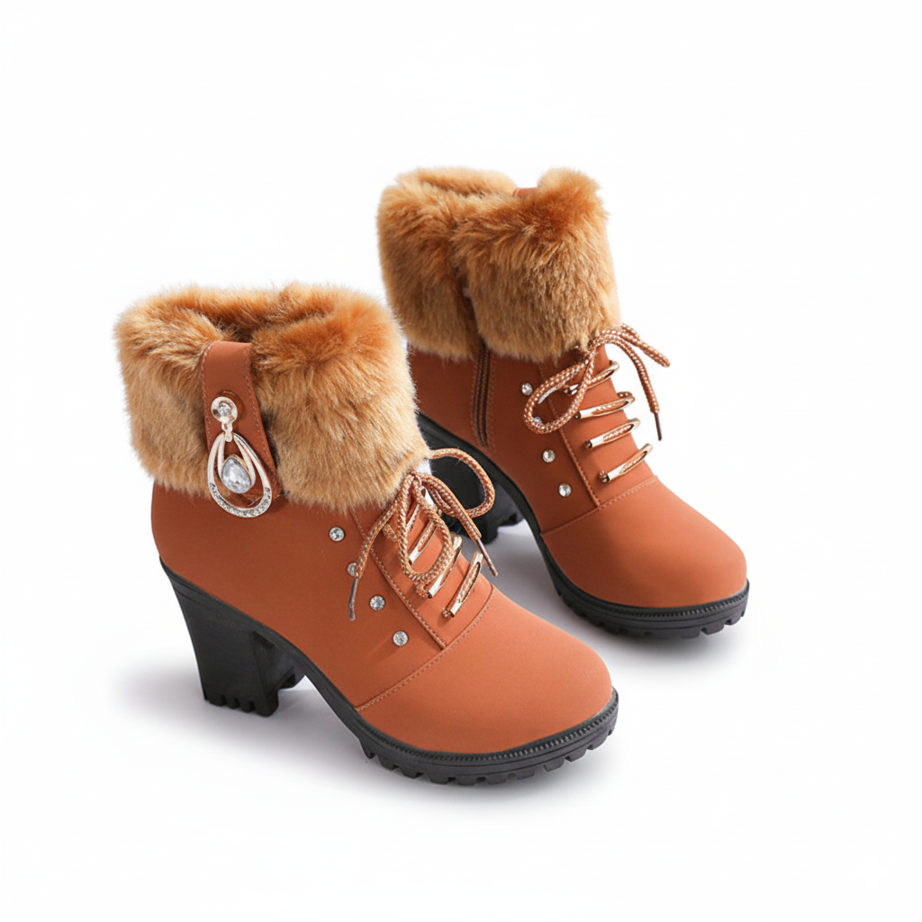 Tan winter boots with faux fur cuffs, block heels and a crystal charm