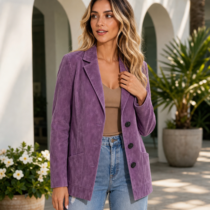 Woman in a courtyard in a purple faux suede notch collar blazer