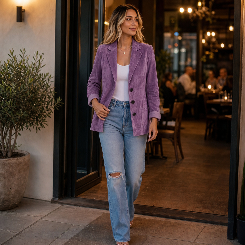 Woman outside a restaurant in a purple faux suede blazer