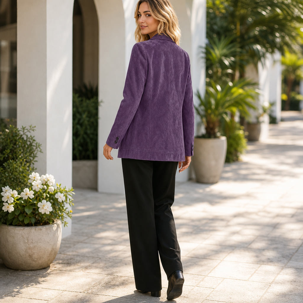 Woman outdoors in a plum faux suede notch collar blazer