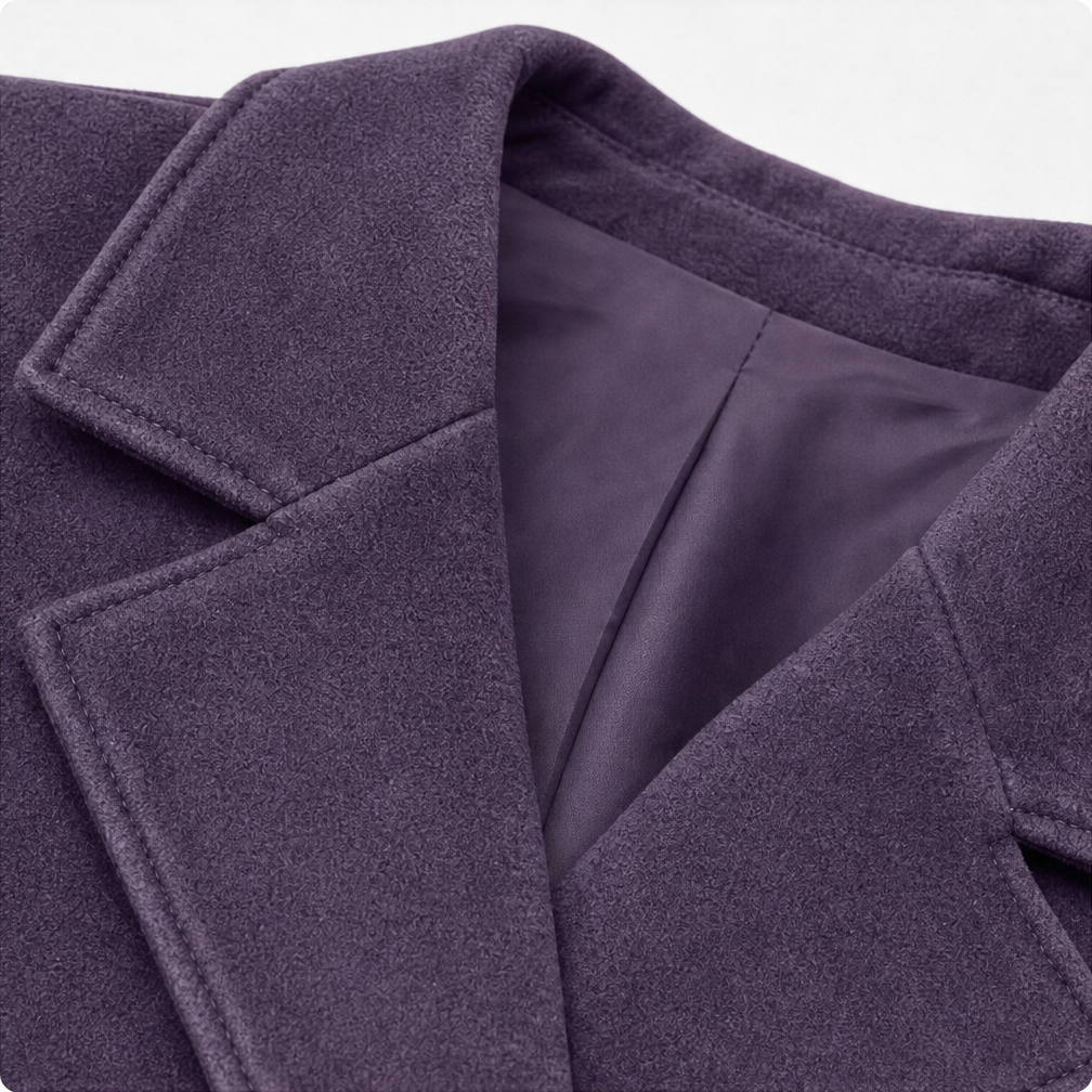 Notch collar and satin lining on a plum faux suede blazer