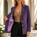 Purple faux suede blazer with a notch collar and satin lining