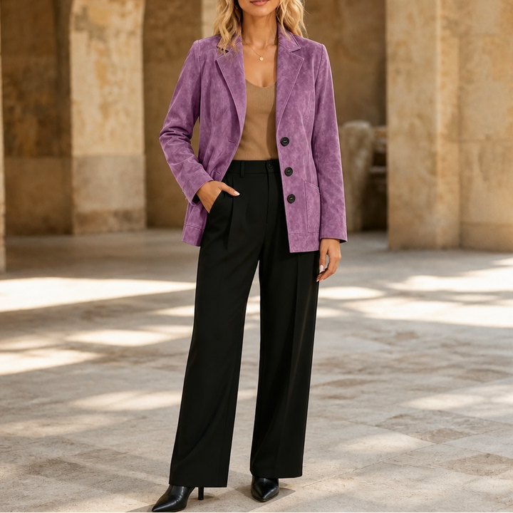 Purple faux suede blazer worn with black wide leg trousers