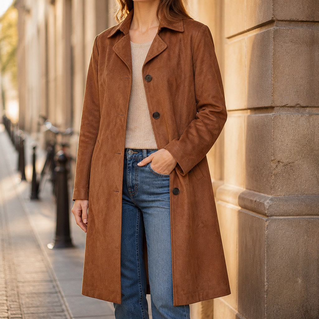 Tan faux suede trench coat worn open with jeans on a street