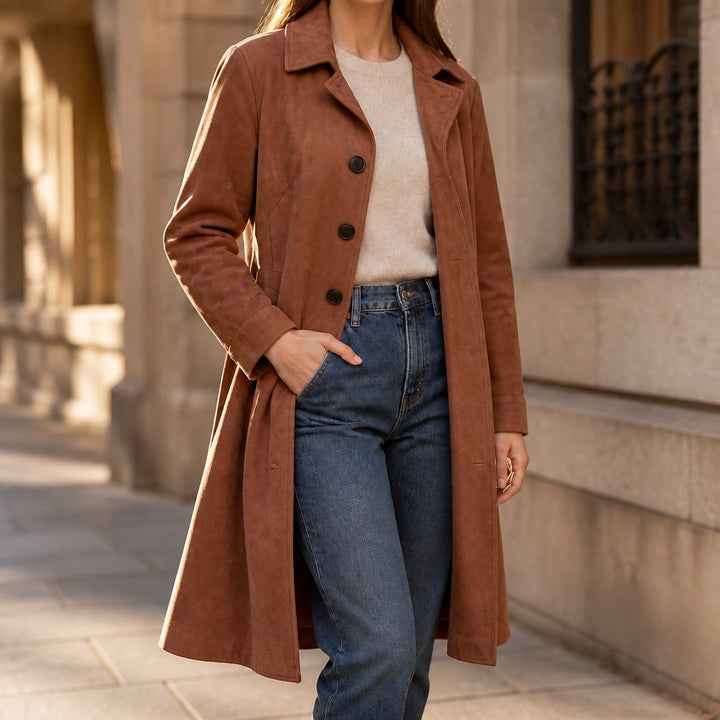 Tan faux suede trench coat with hands in the pockets outdoors