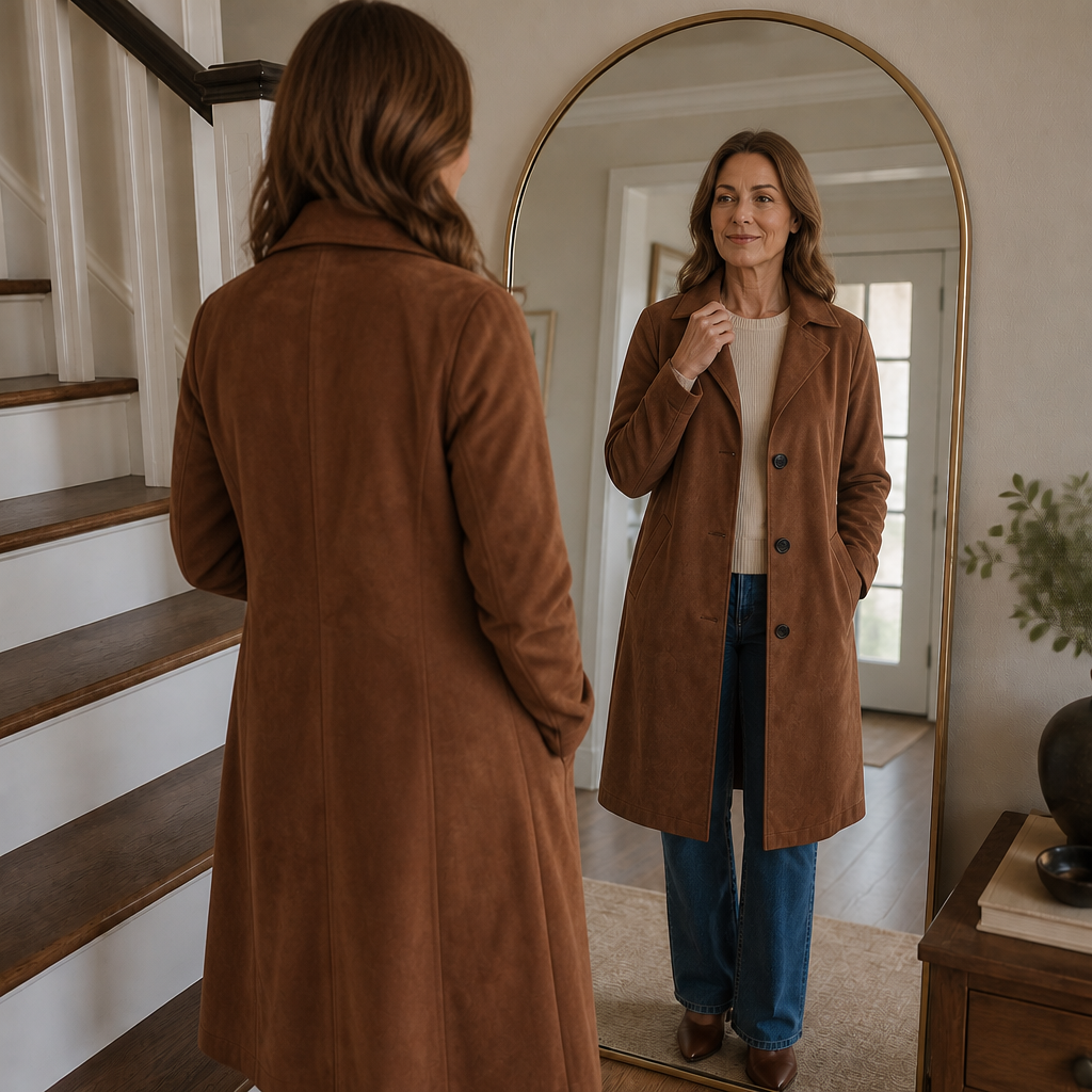 Front and back of a tan faux suede trench coat shown in a mirror