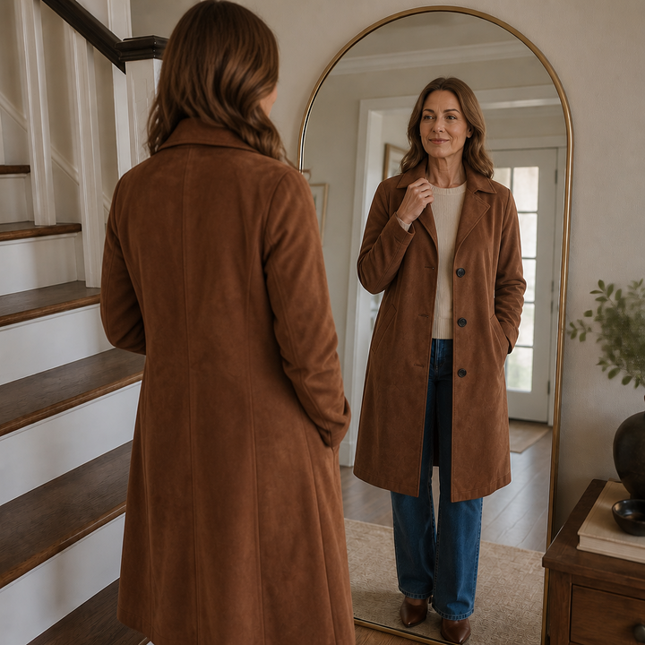 Front and back of a tan faux suede trench coat shown in a mirror