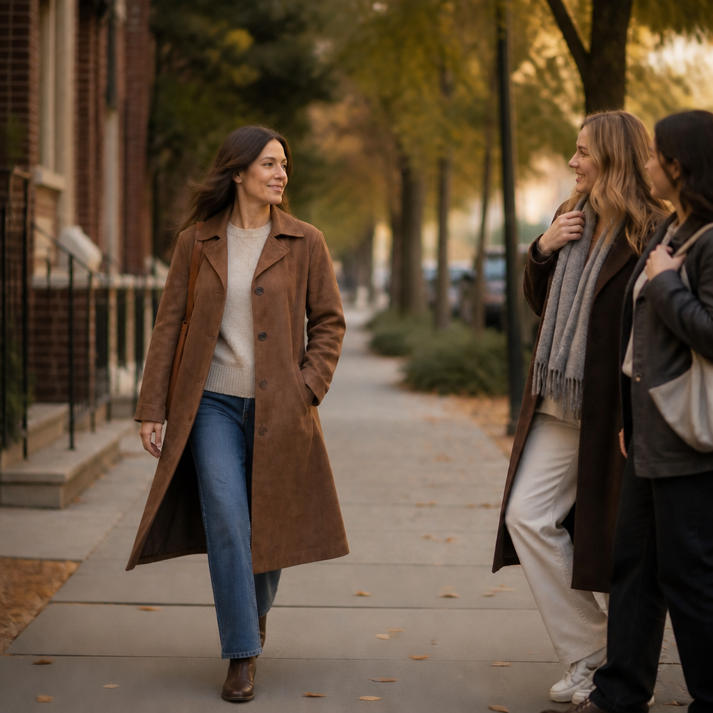 Woman walking a tree lined street in a tan faux suede trench coat